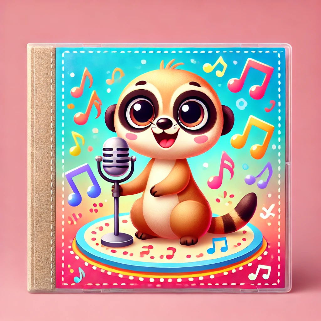 DALL·E 2024-09-23 19.24.11 - A cute and playful music album cover featuring an adorable meerkat. The meerkat is smiling and holding a tiny microphone, set against a colorful, fun