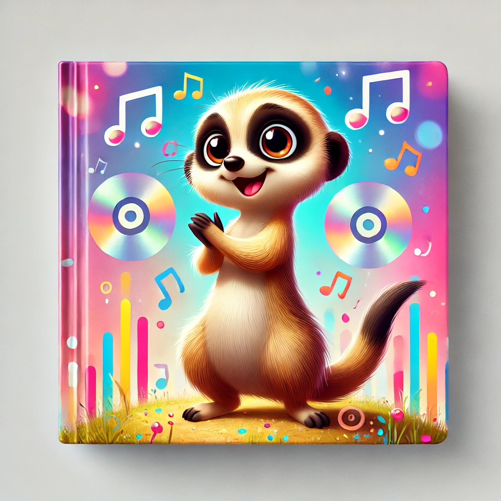 DALL·E 2024-09-23 19.42.18 - A music album cover featuring a cute meerkat in a different pose. This time, the meerkat is standing on its hind legs, clapping or dancing, with a joy
